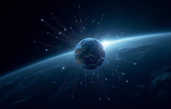 지구를 내려다보는 인공위성과 데이터 라인